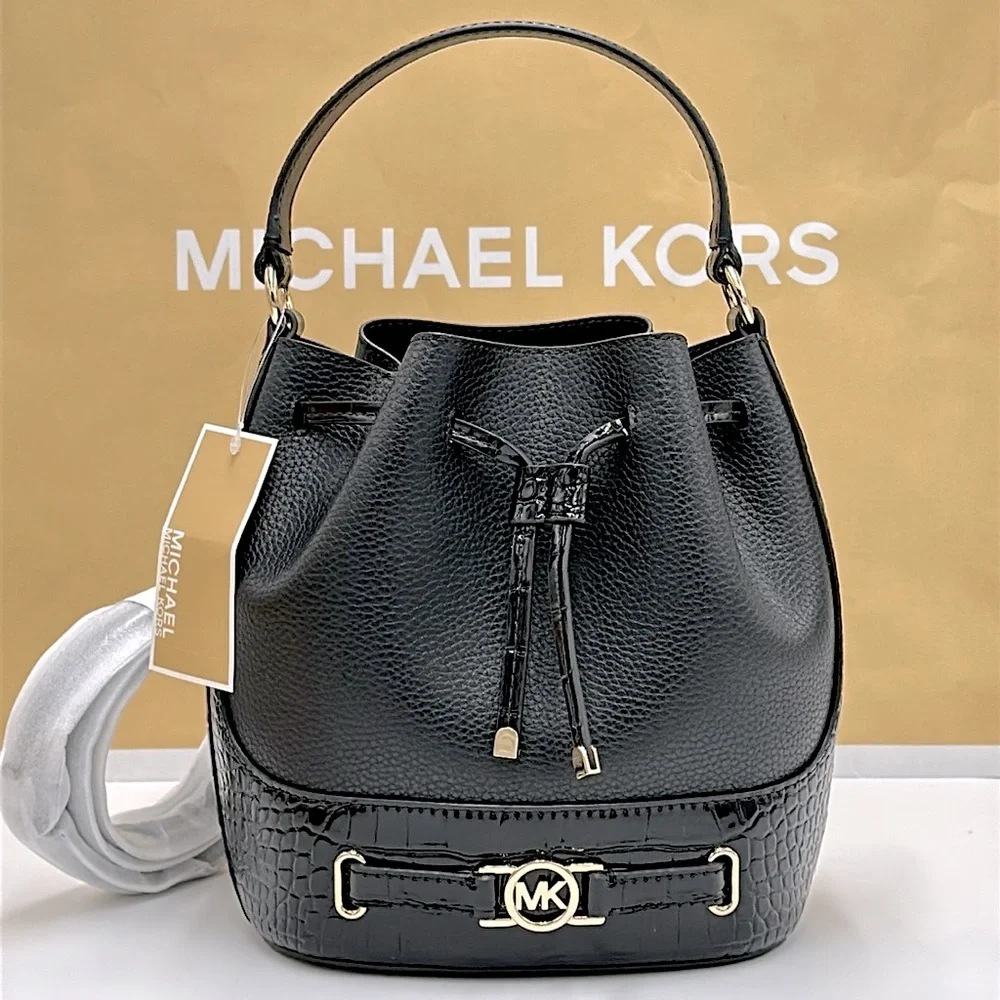 MICHAEL KORS  Reed Medium Pebbled Leather Bucket Bag Satchel Crossbody Black NWT